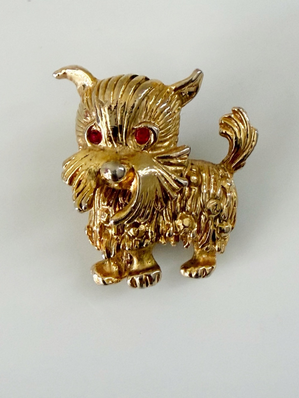 Vintage Terrier Dog Red Rhinestone Eyes Gold Tone Brooch Pin